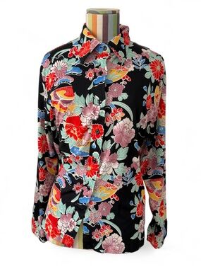 Vintage 1970s Bold Colorful Floral Collared Button Down Shirt